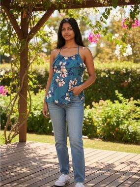 Bixby NWT Girls Floral Ruffle-Trim Camisole Tank Top - Teal